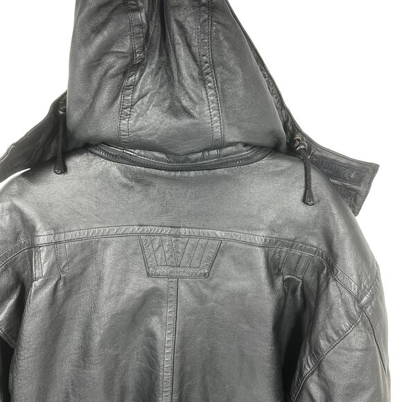Stratojac Leather Parka Jacket Coat Men's Large Black Brown Hooded Heavy VT - Picture 9 of 16